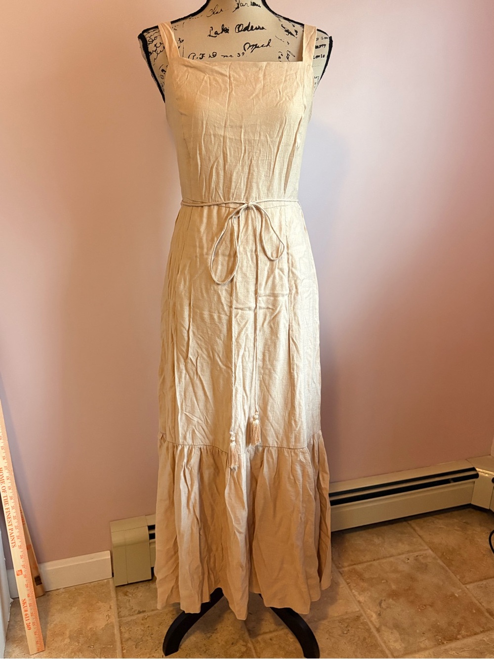 💚Taylor Beige Maxi Dress with Square Neck and Waist Tie - Picture 3 of 10